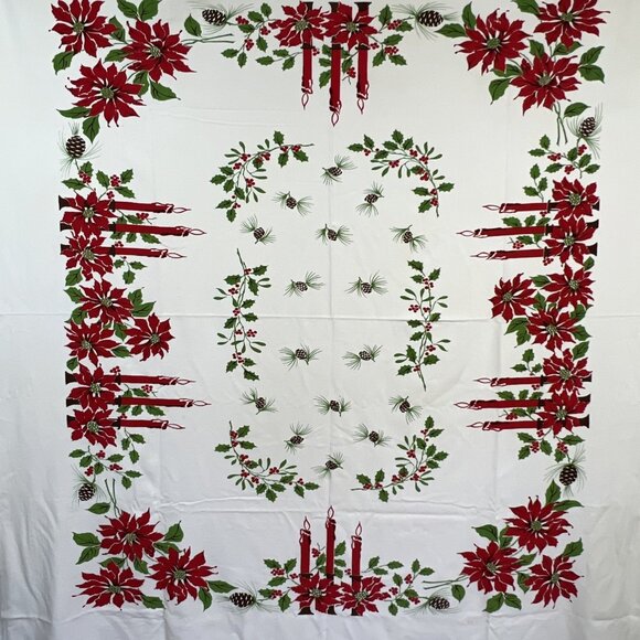 VTG 50s Christmas Tablecloth Hand Printed Candles Poinsettias Pinecones 58x70 - Picture 1 of 12